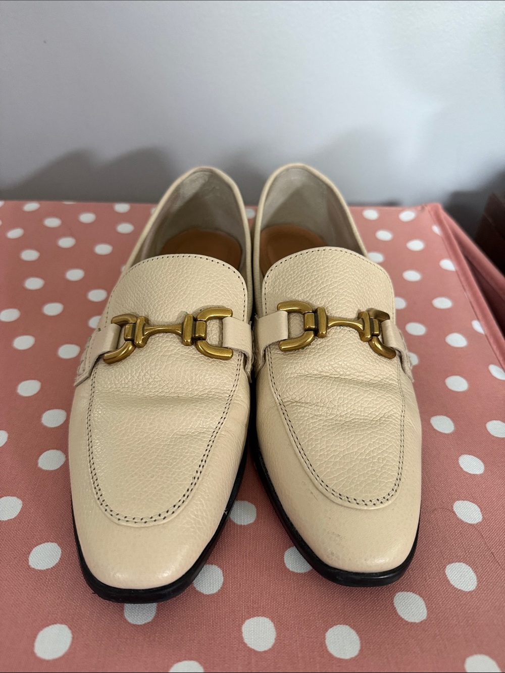 Zara Cream Leather Horsebit Loafers with Gold Hardware